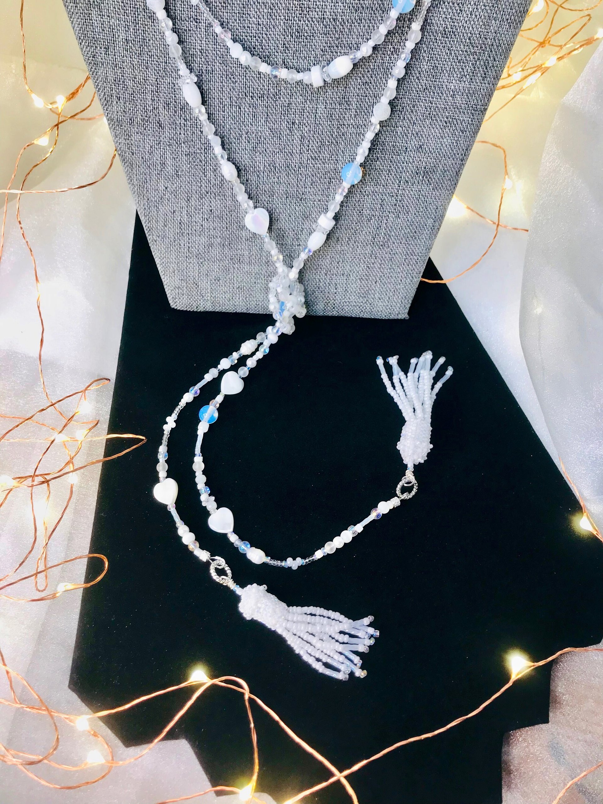 Lovely White and Iridescent Handmade Beaded Lariat Rope Multi-Style Tassel Necklace with Mother of Pearl Heart, Moonstone, Faceted Crystal