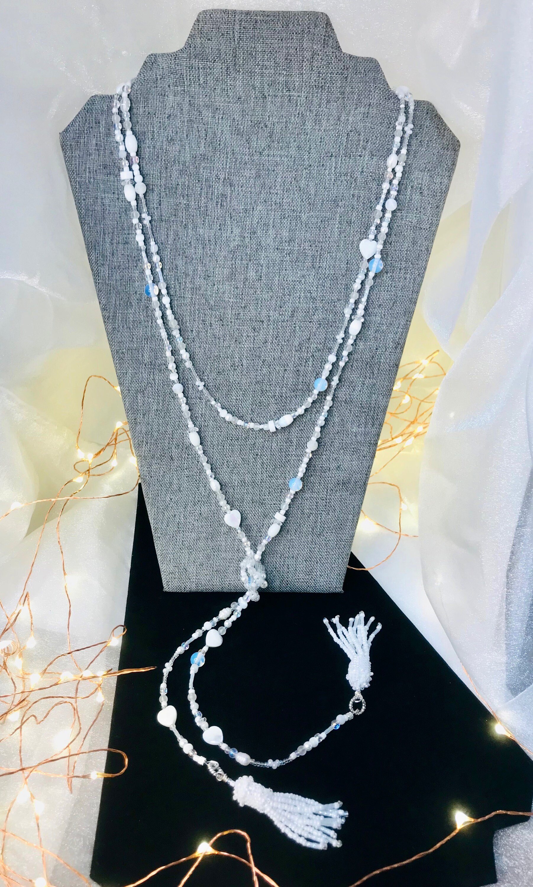 Lovely White and Iridescent Handmade Beaded Lariat Rope Multi-Style Tassel Necklace with Mother of Pearl Heart, Moonstone, Faceted Crystal