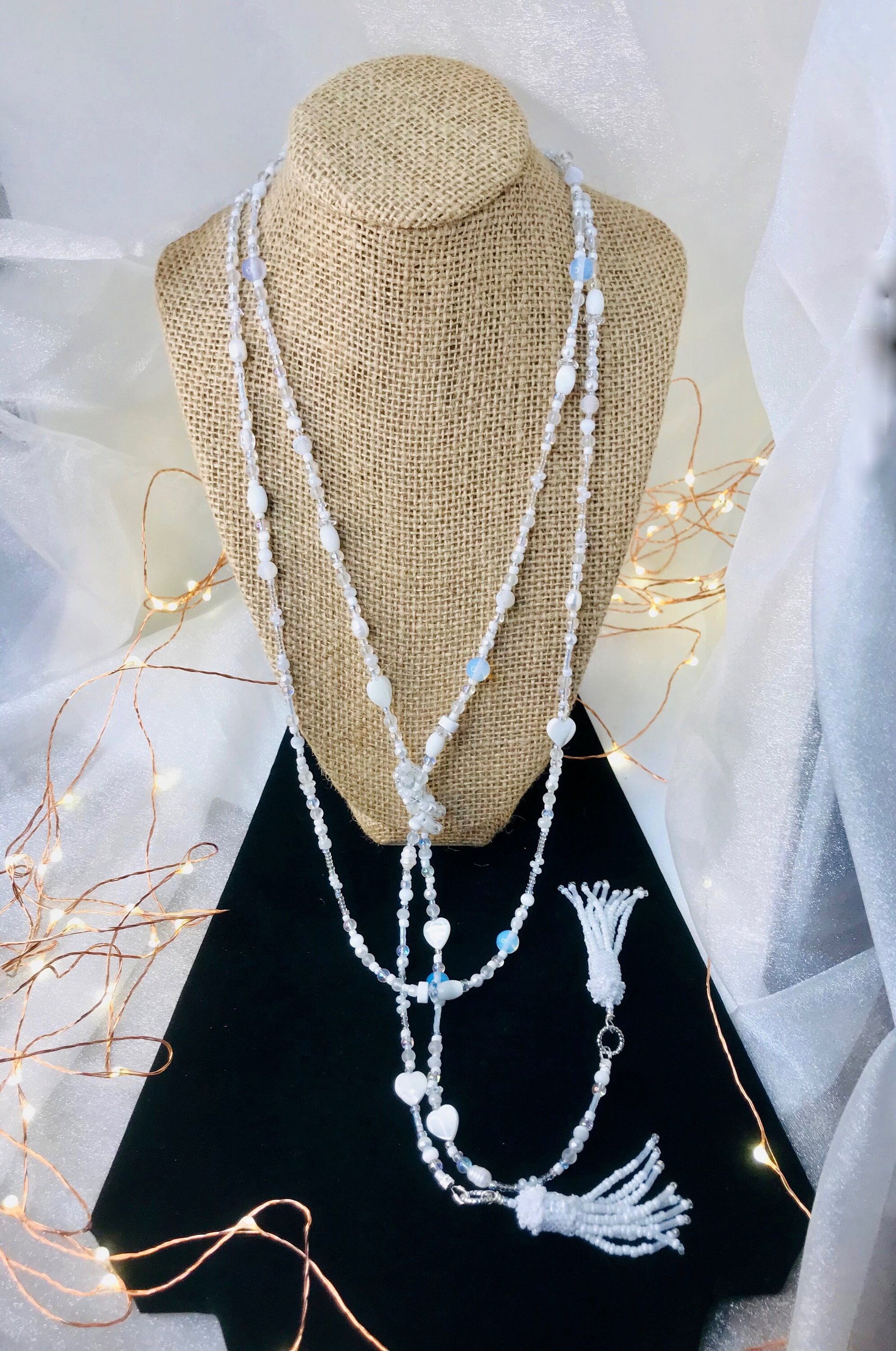 Lovely White and Iridescent Handmade Beaded Lariat Rope Multi-Style Tassel Necklace with Mother of Pearl Heart, Moonstone, Faceted Crystal