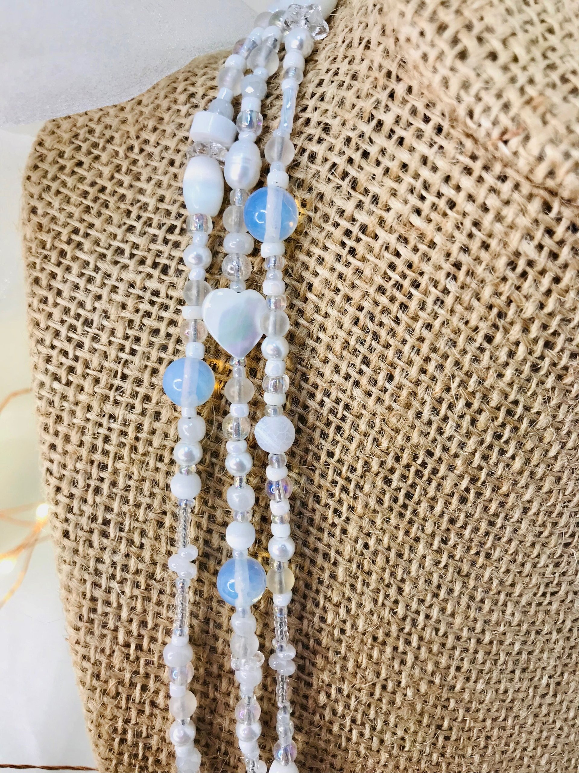 Lovely White and Iridescent Handmade Beaded Lariat Rope Multi-Style Tassel Necklace with Mother of Pearl Heart, Moonstone, Faceted Crystal