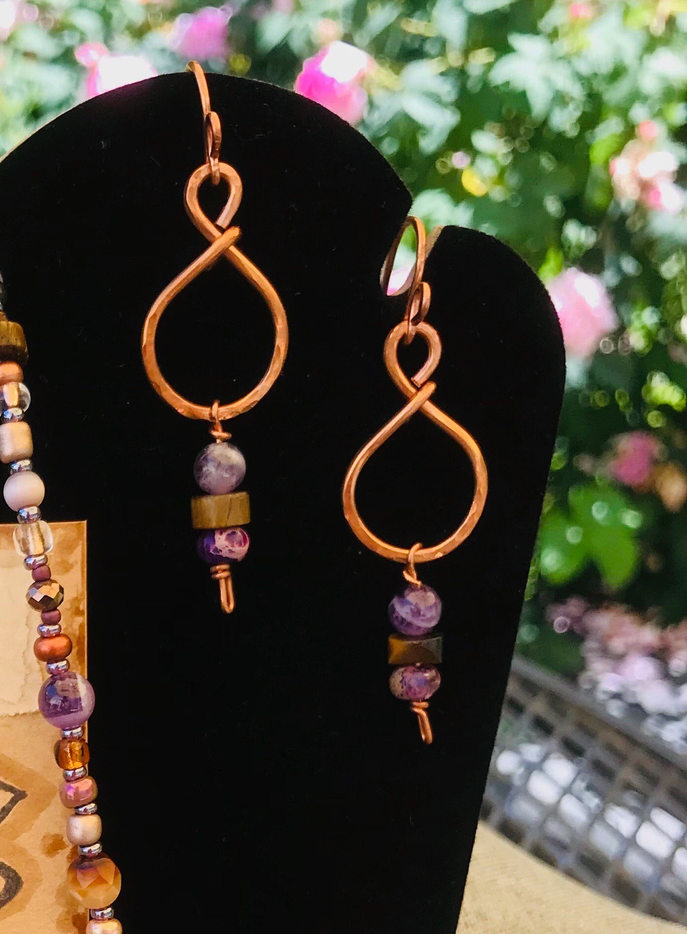 Handmade Lariat Beaded Necklace and Earring Set, Tiger's Eye and Purple Amethyst, Beautiful BoHo Gift of Semi-Precious Stone and Crystal