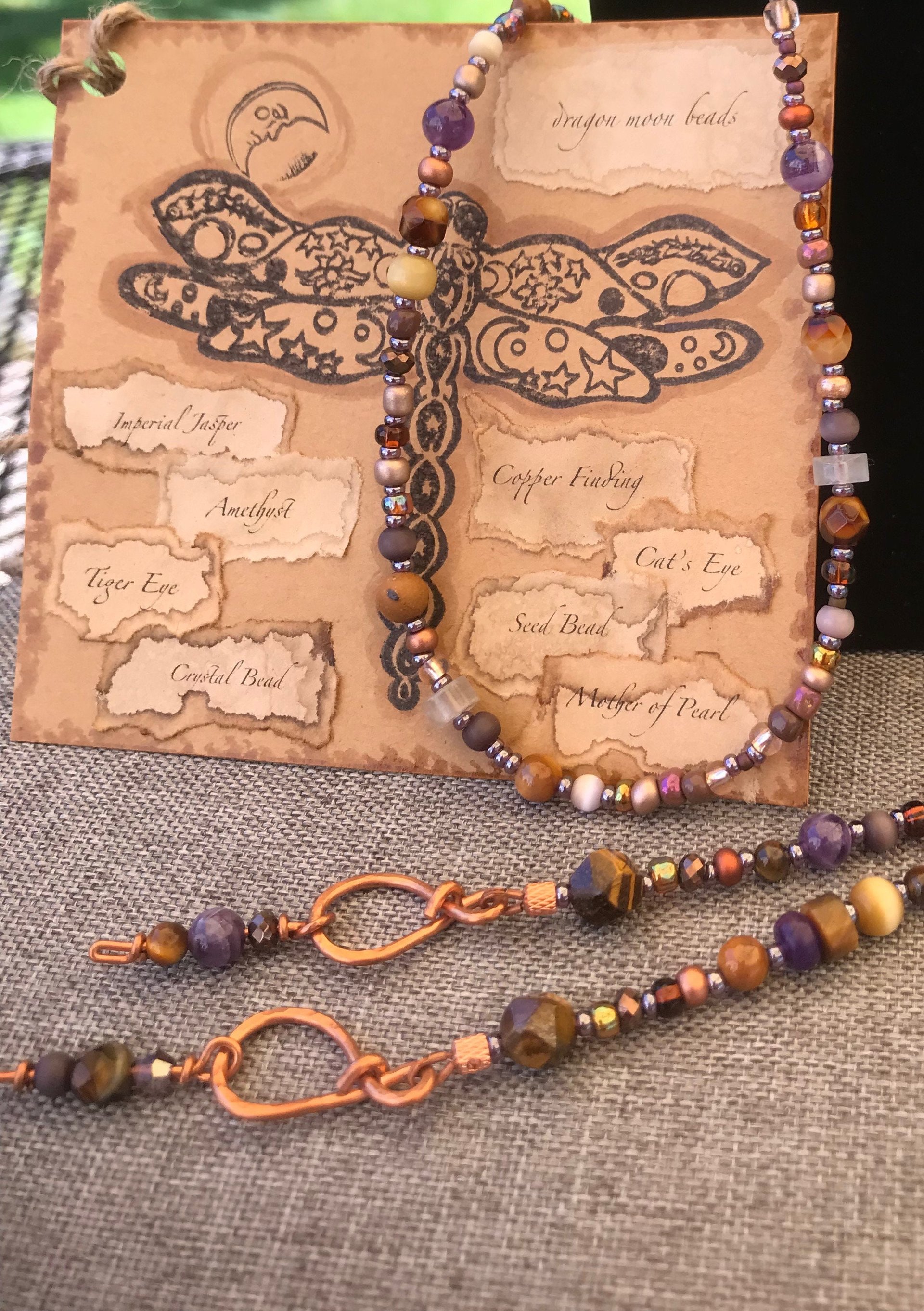 Handmade Lariat Beaded Necklace and Earring Set, Tiger's Eye and Purple Amethyst, Beautiful BoHo Gift of Semi-Precious Stone and Crystal