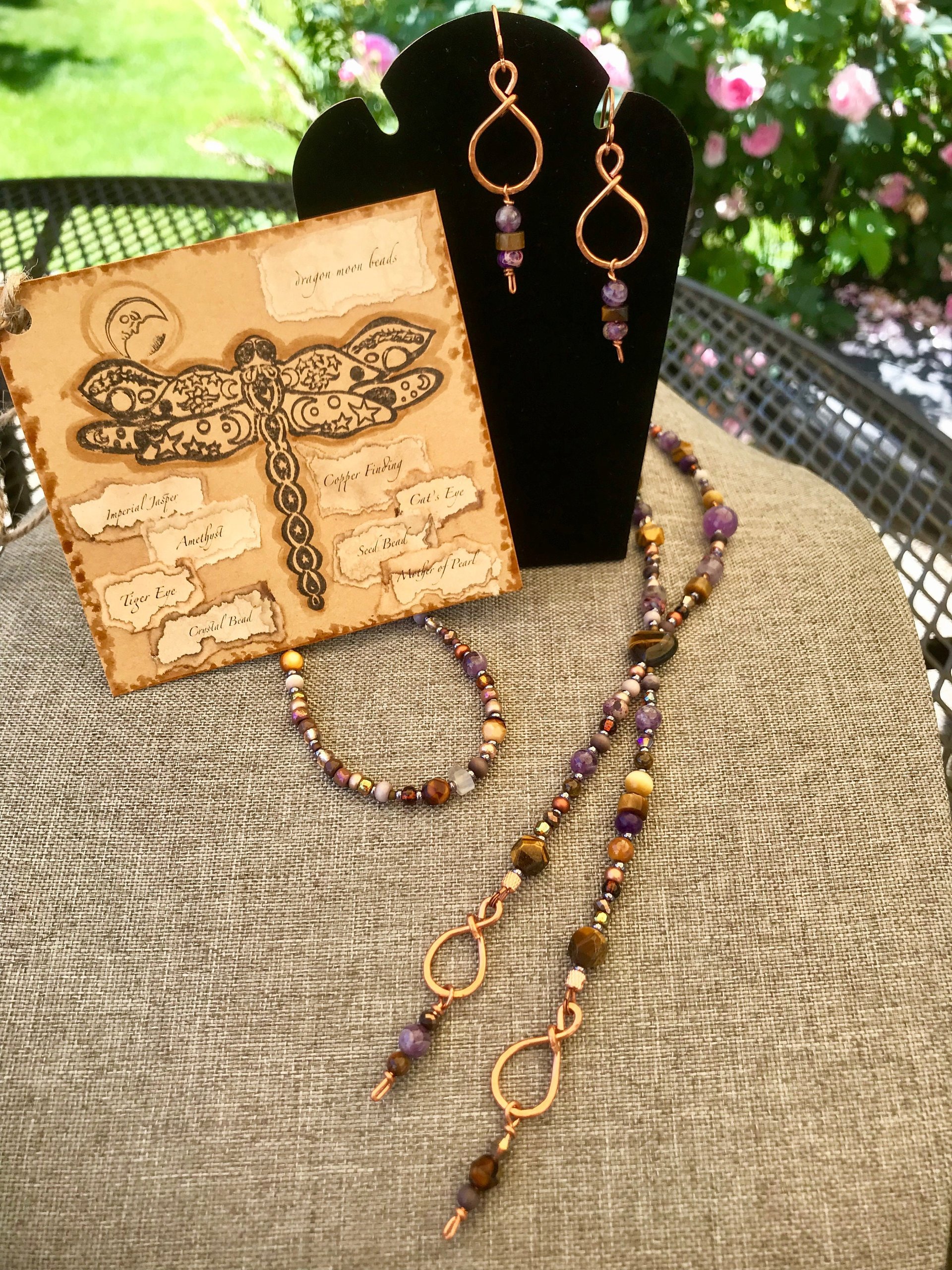 Handmade Lariat Beaded Necklace and Earring Set, Tiger's Eye and Purple Amethyst, Beautiful BoHo Gift of Semi-Precious Stone and Crystal