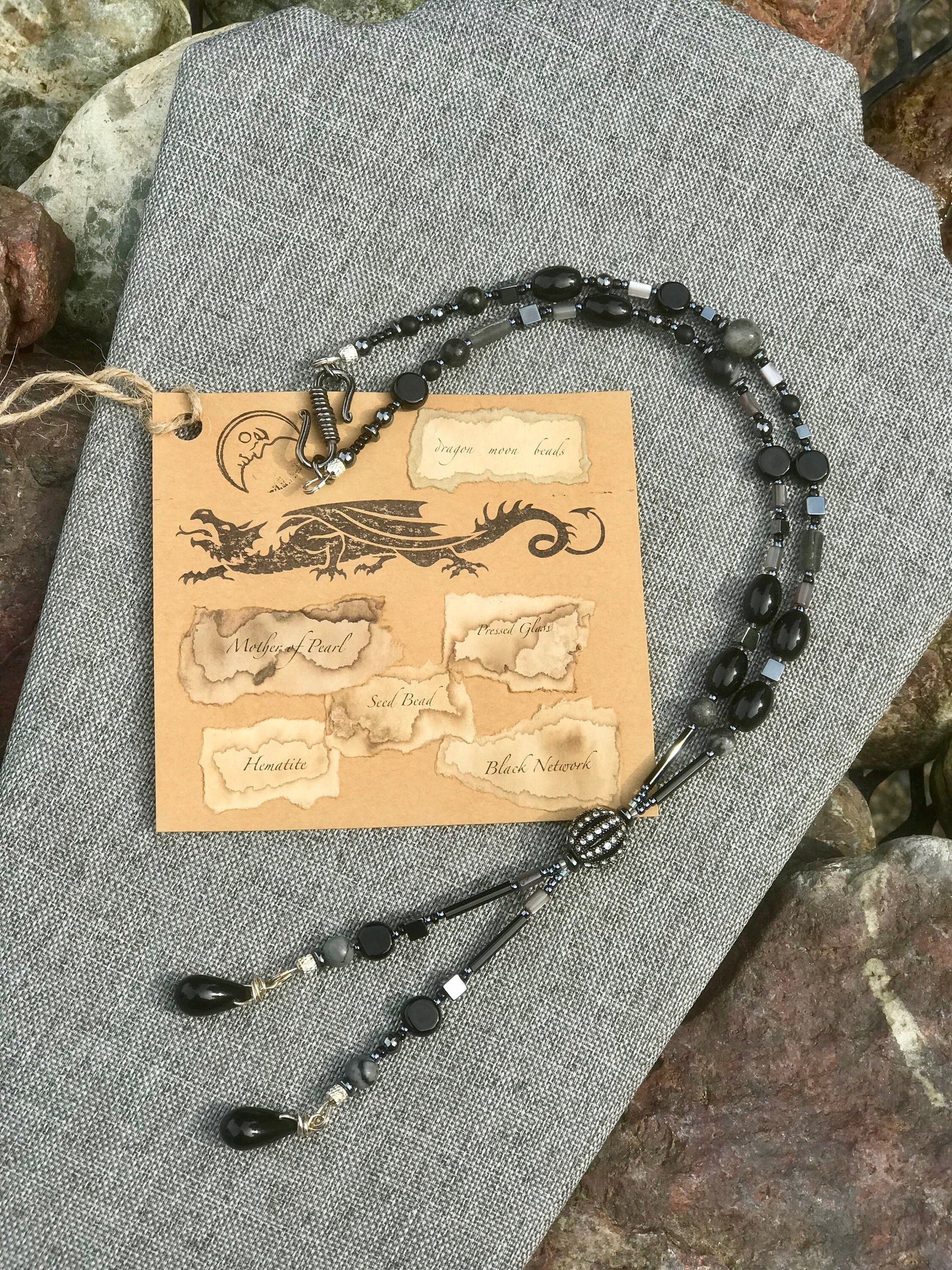 Gunmetal Crystal Hematite Black and Gray Art Deco Elegant Fun Unique Lariat Style Handcrafted Beaded Necklace