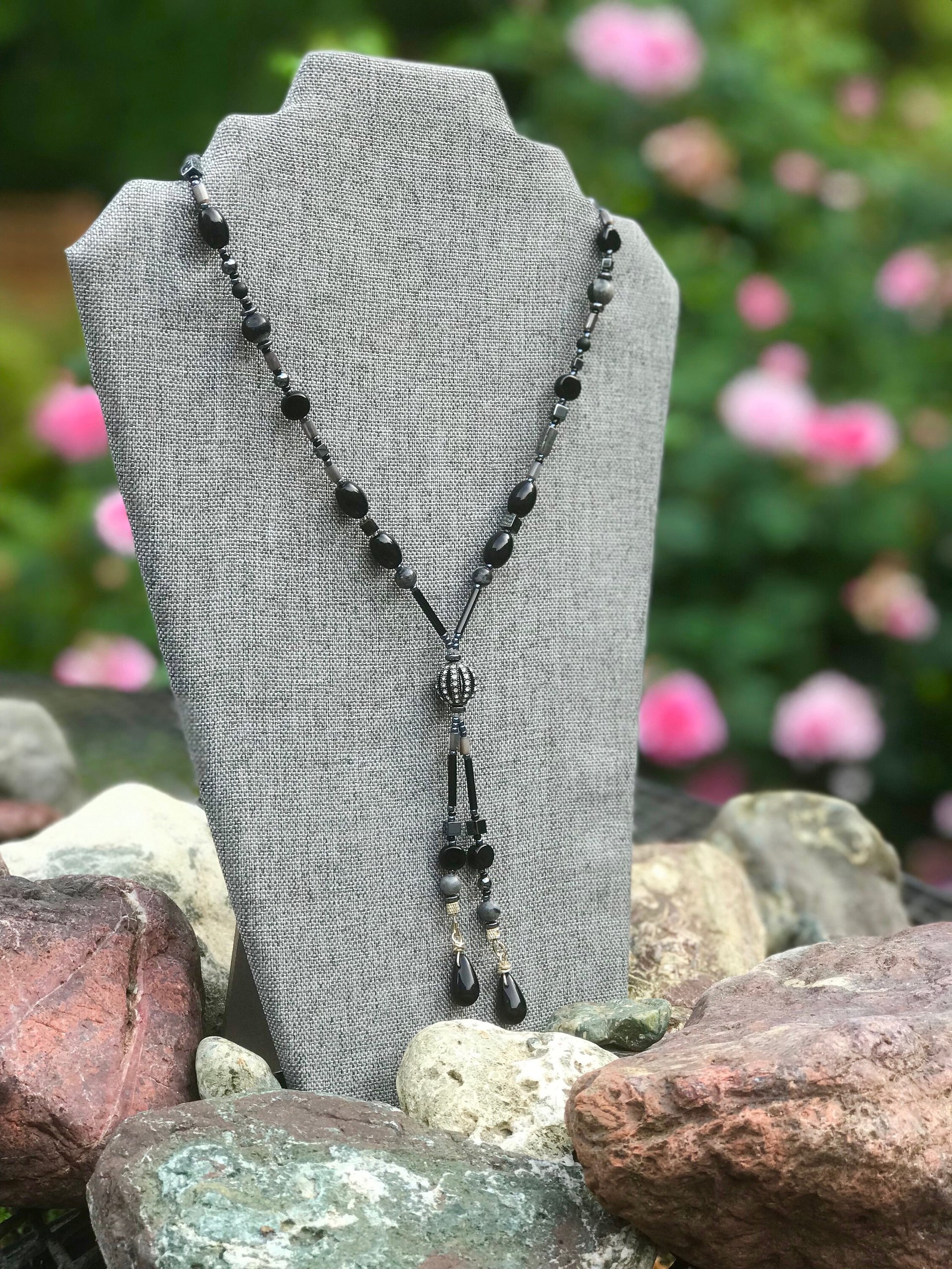 Gunmetal Crystal Hematite Black and Gray Art Deco Elegant Fun Unique Lariat Style Handcrafted Beaded Necklace
