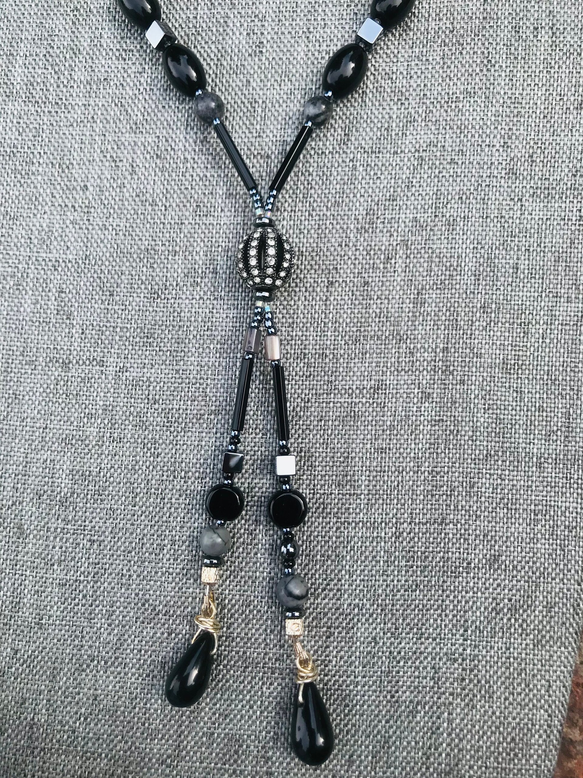 Gunmetal Crystal Hematite Black and Gray Art Deco Elegant Fun Unique Lariat Style Handcrafted Beaded Necklace