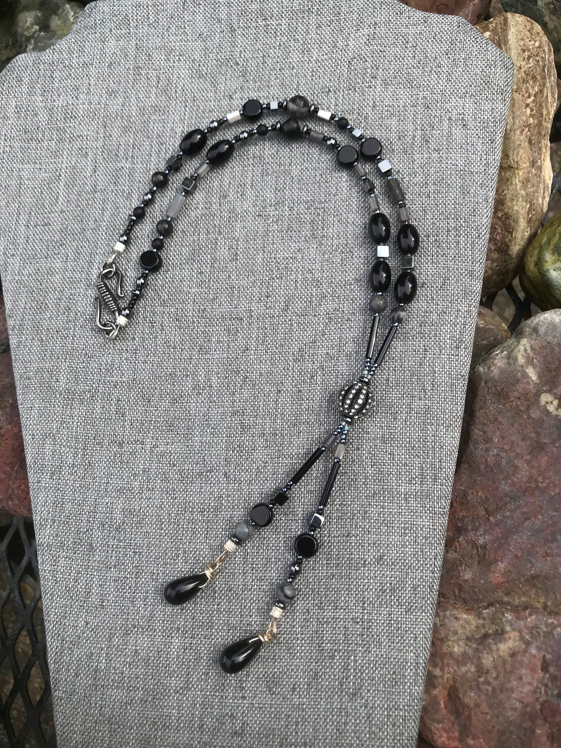 Gunmetal Crystal Hematite Black and Gray Art Deco Elegant Fun Unique Lariat Style Handcrafted Beaded Necklace