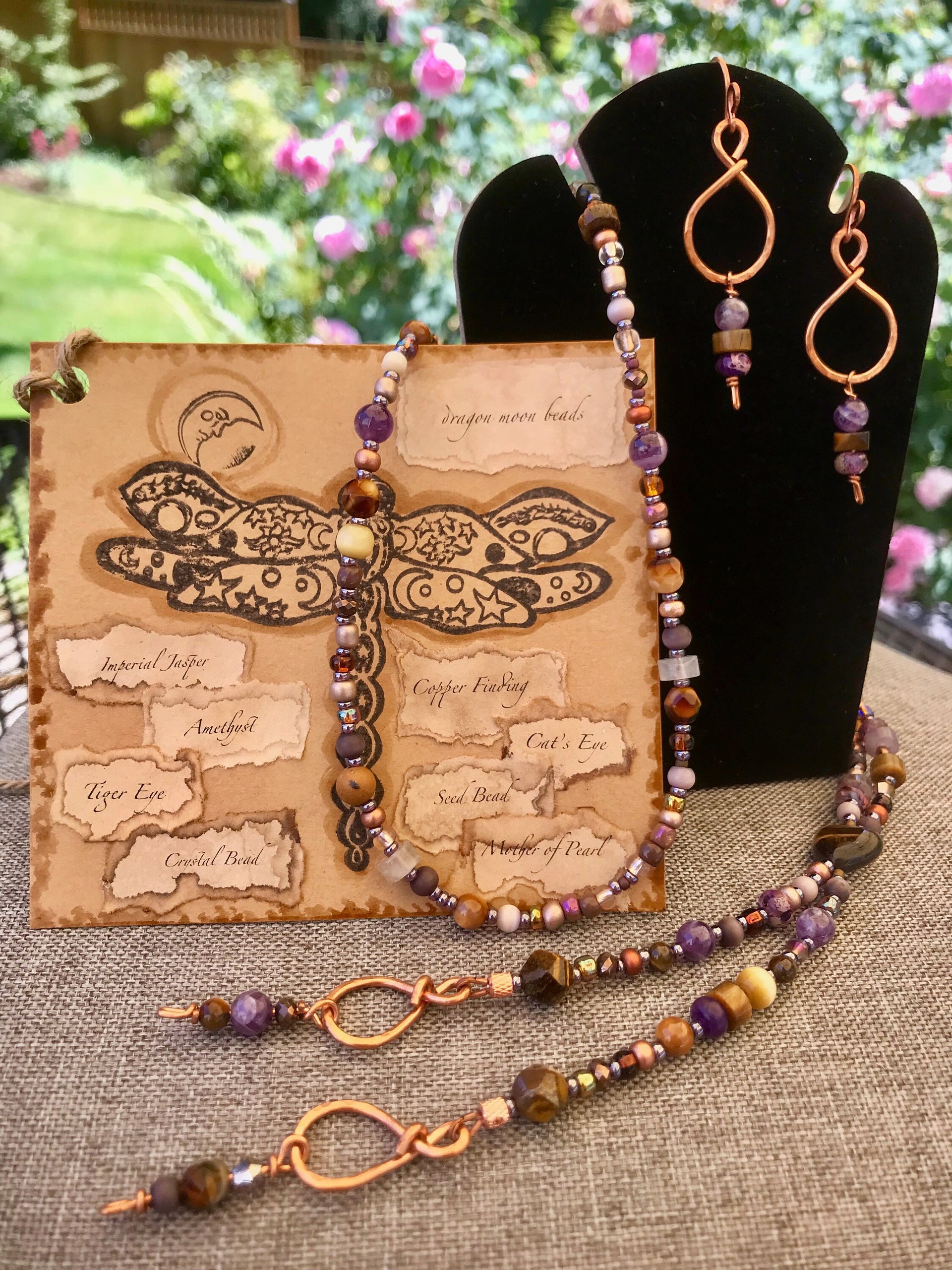 Handmade Lariat Beaded Necklace and Earring Set, Tiger's Eye and Purple Amethyst, Beautiful BoHo Gift of Semi-Precious Stone and Crystal