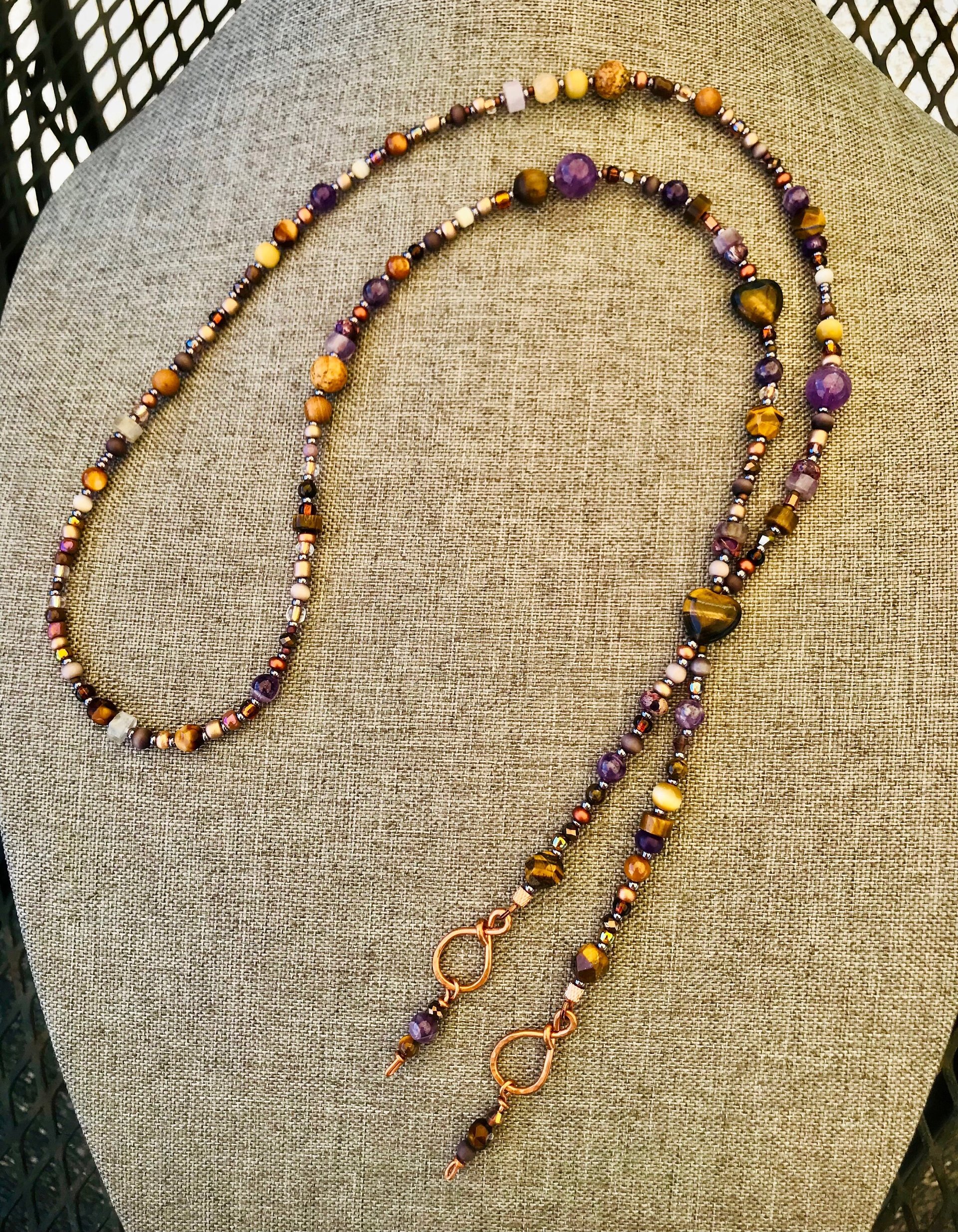 Handmade Lariat Beaded Necklace and Earring Set, Tiger's Eye and Purple Amethyst, Beautiful BoHo Gift of Semi-Precious Stone and Crystal