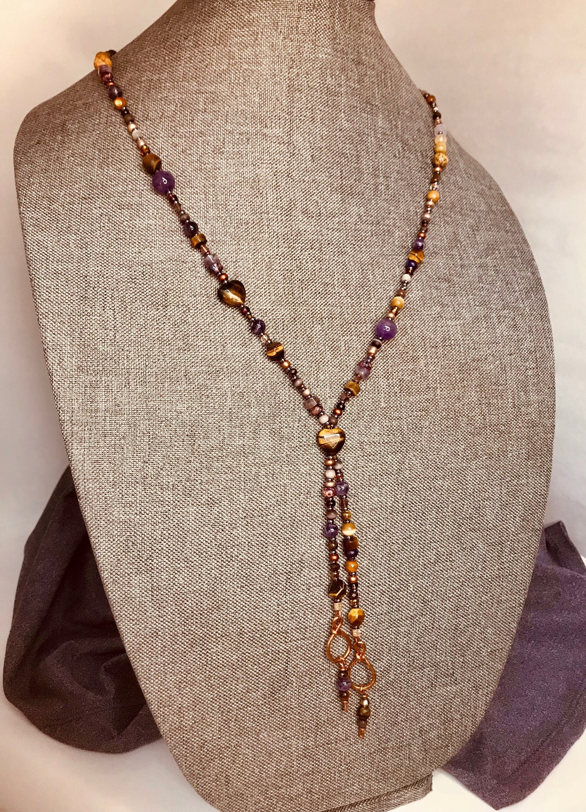 Handmade Lariat Beaded Necklace and Earring Set, Tiger's Eye and Purple Amethyst, Beautiful BoHo Gift of Semi-Precious Stone and Crystal