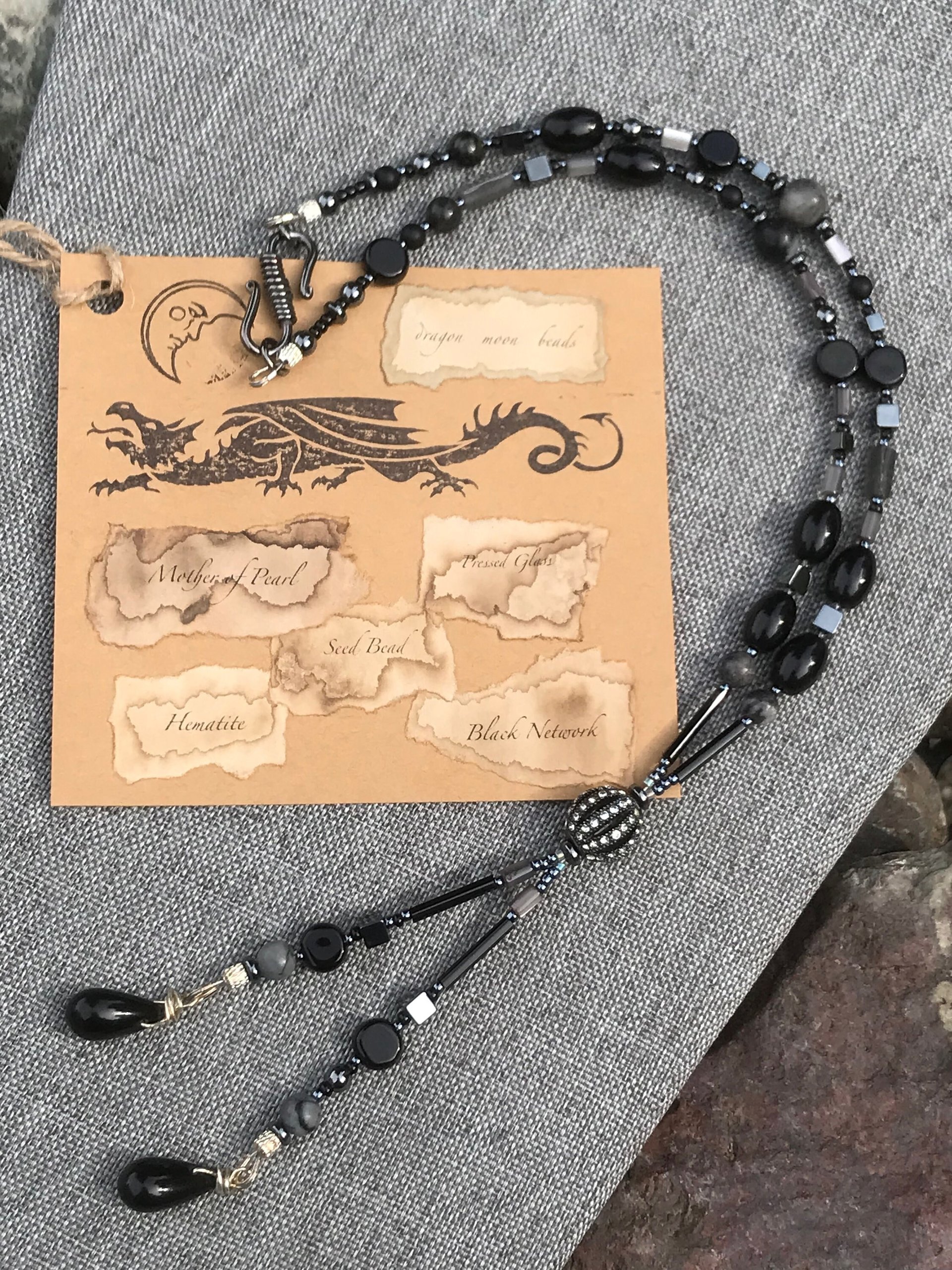 Gunmetal Crystal Hematite Black and Gray Art Deco Elegant Fun Unique Lariat Style Handcrafted Beaded Necklace