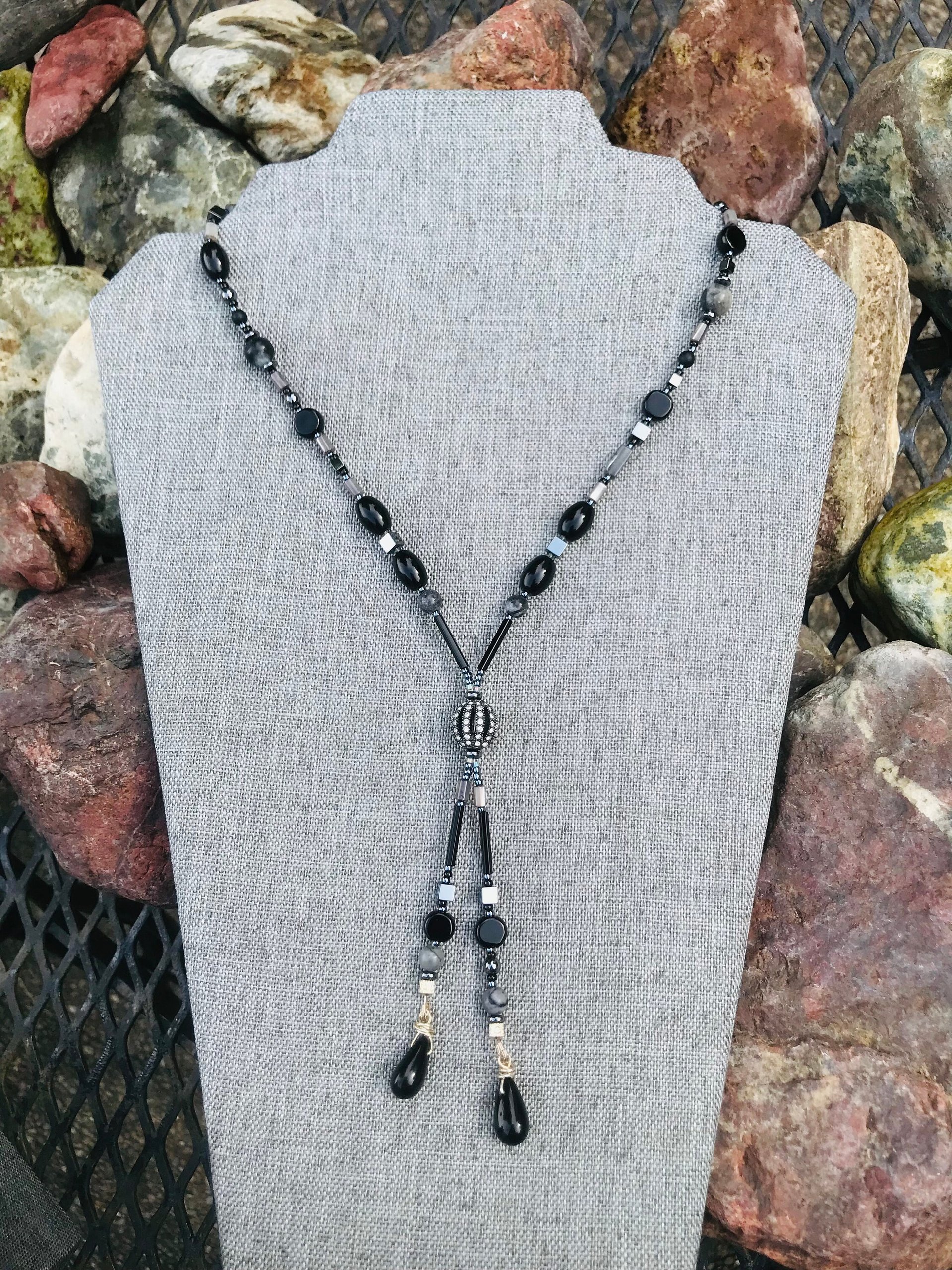 Gunmetal Crystal Hematite Black and Gray Art Deco Elegant Fun Unique Lariat Style Handcrafted Beaded Necklace