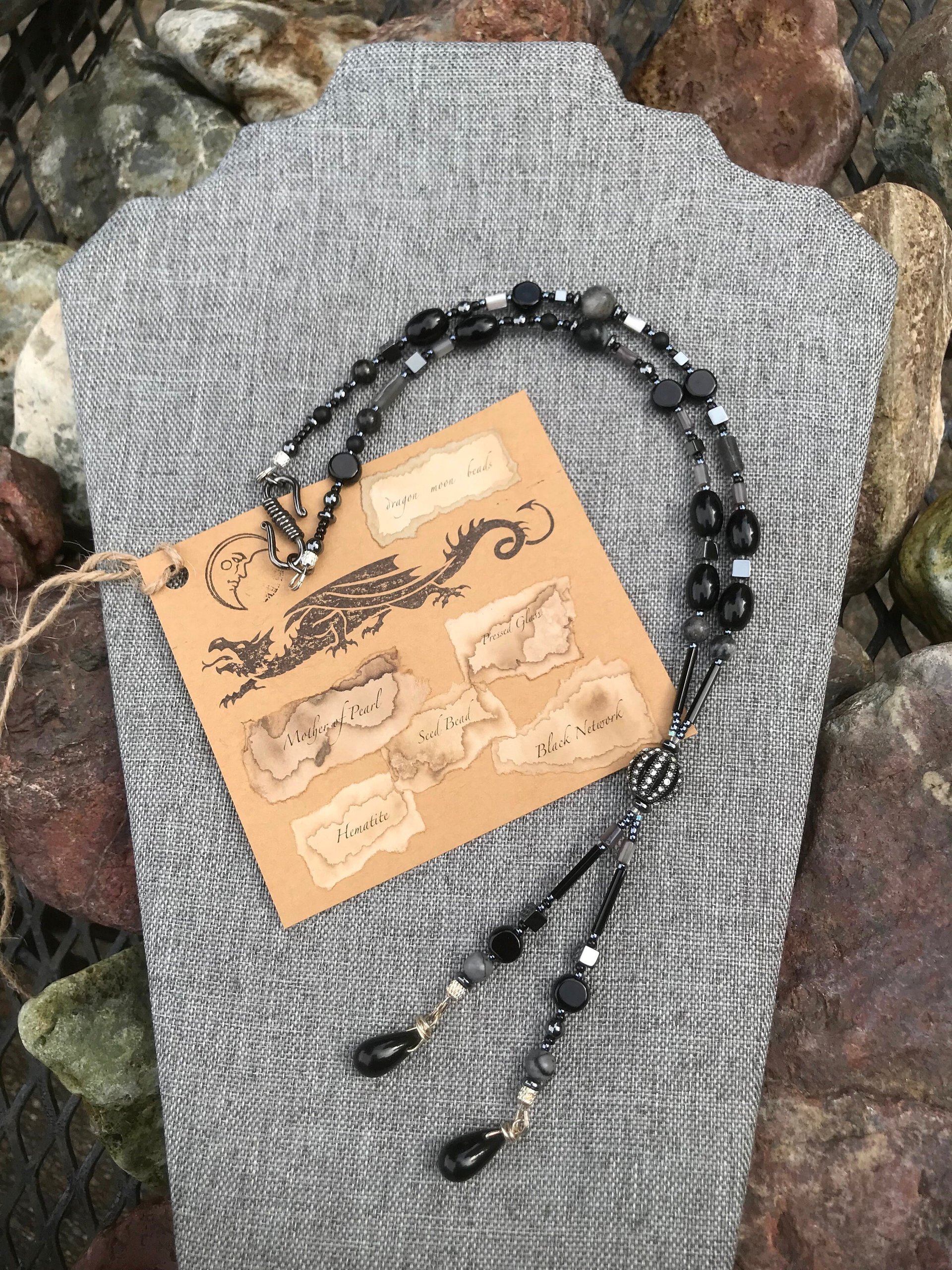 Gunmetal Crystal Hematite Black and Gray Art Deco Elegant Fun Unique Lariat Style Handcrafted Beaded Necklace