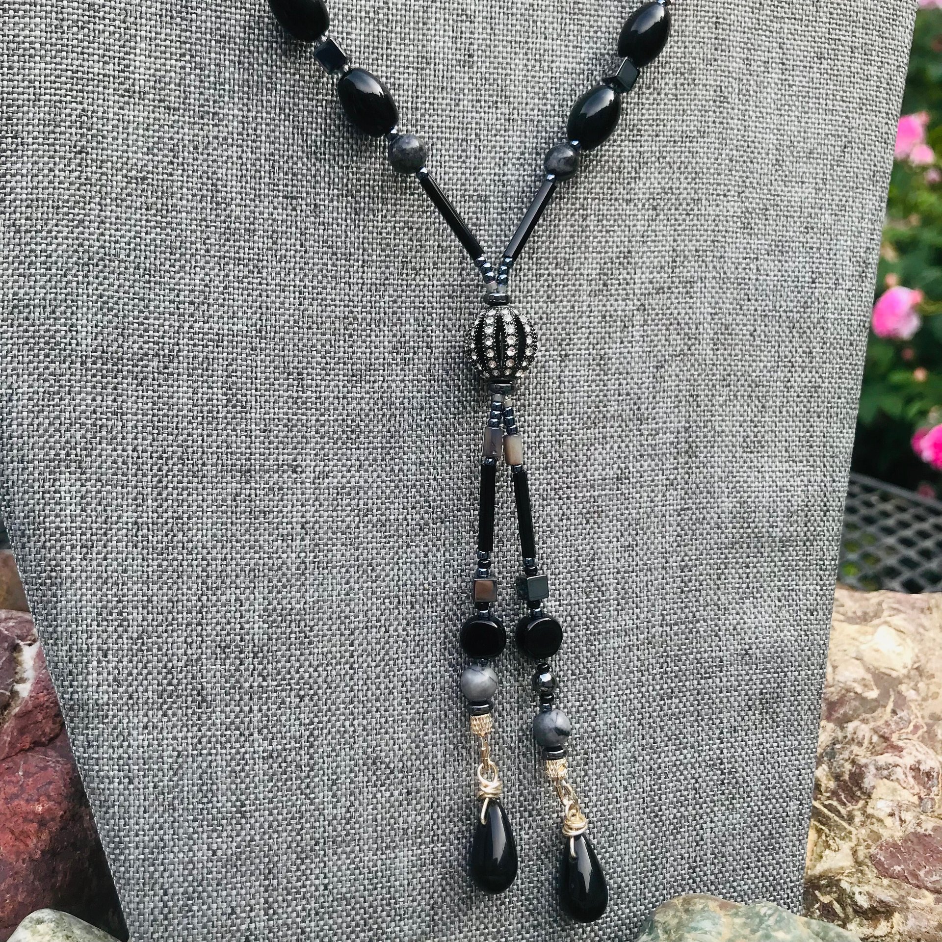 Gunmetal Crystal Hematite Black and Gray Art Deco Elegant Fun Unique Lariat Style Handcrafted Beaded Necklace
