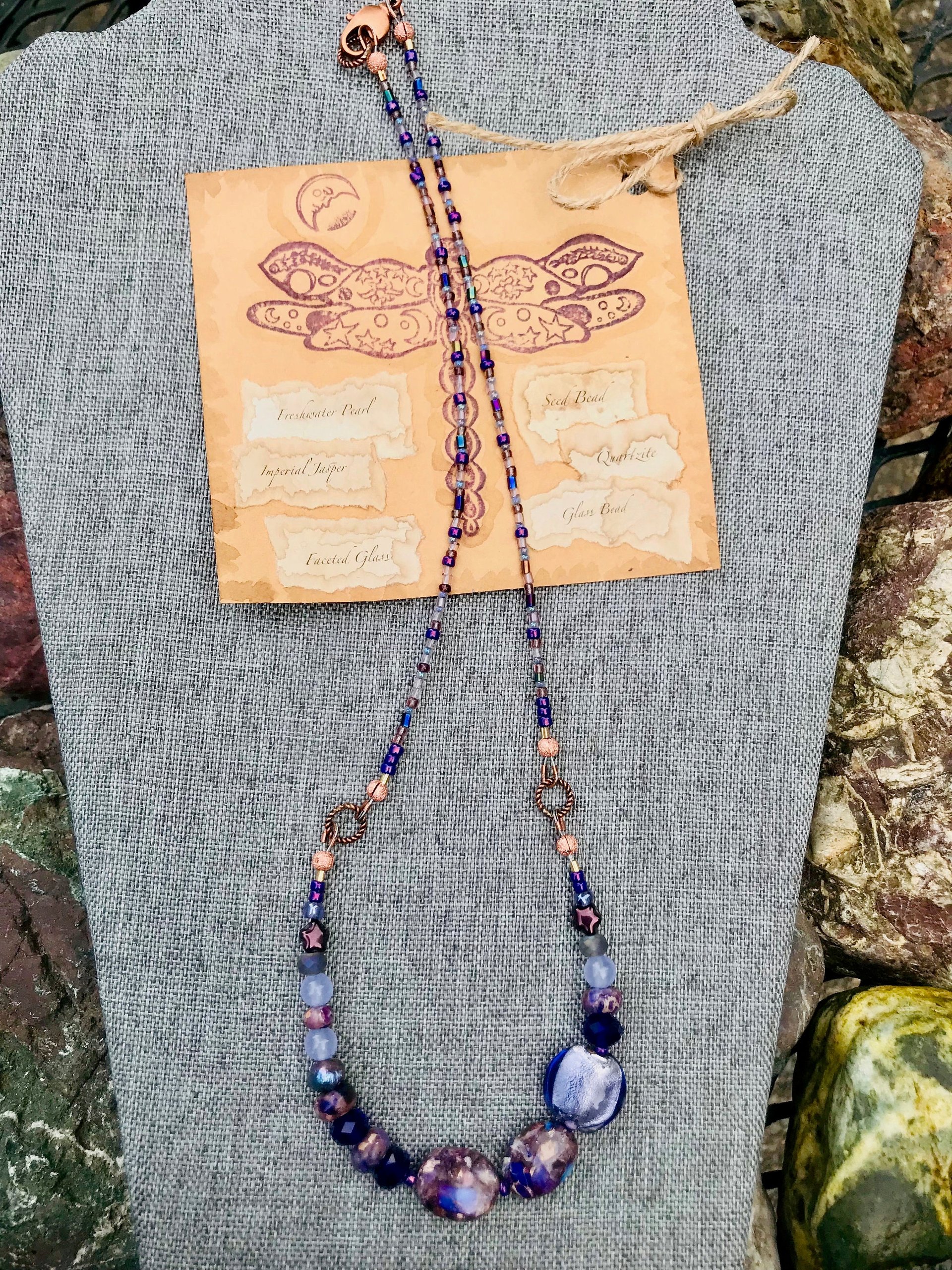 Handcrafted Purple Beaded Necklace of Gorgeous Jasper, Lustrous Blown Glass, Faceted Glass, Gleaming Copper Highlights Unique Jewelry Gift