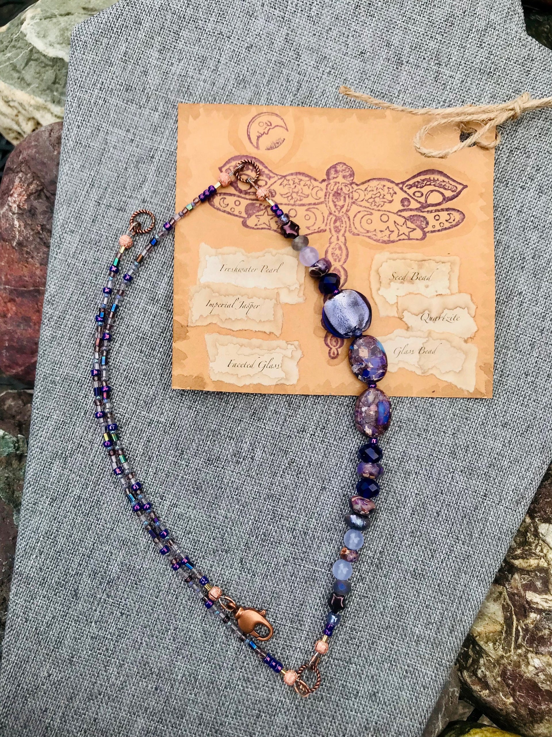 Handcrafted Purple Beaded Necklace of Gorgeous Jasper, Lustrous Blown Glass, Faceted Glass, Gleaming Copper Highlights Unique Jewelry Gift