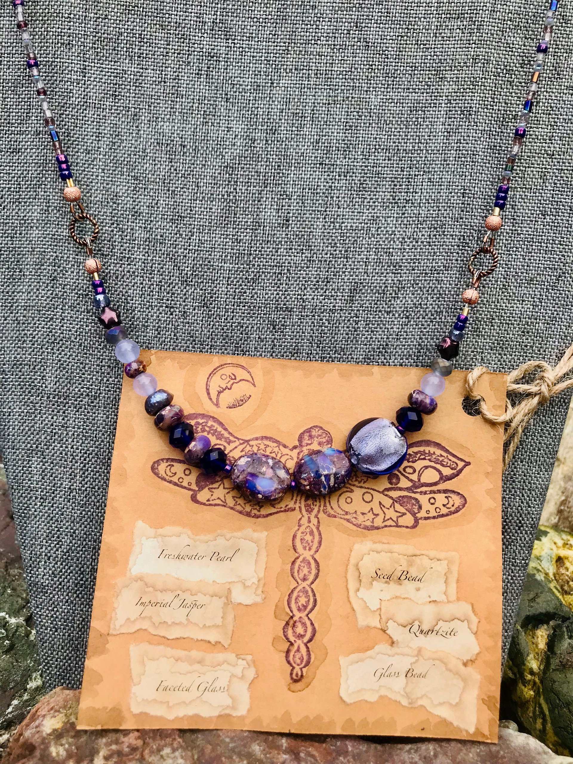 Handcrafted Purple Beaded Necklace of Gorgeous Jasper, Lustrous Blown Glass, Faceted Glass, Gleaming Copper Highlights Unique Jewelry Gift