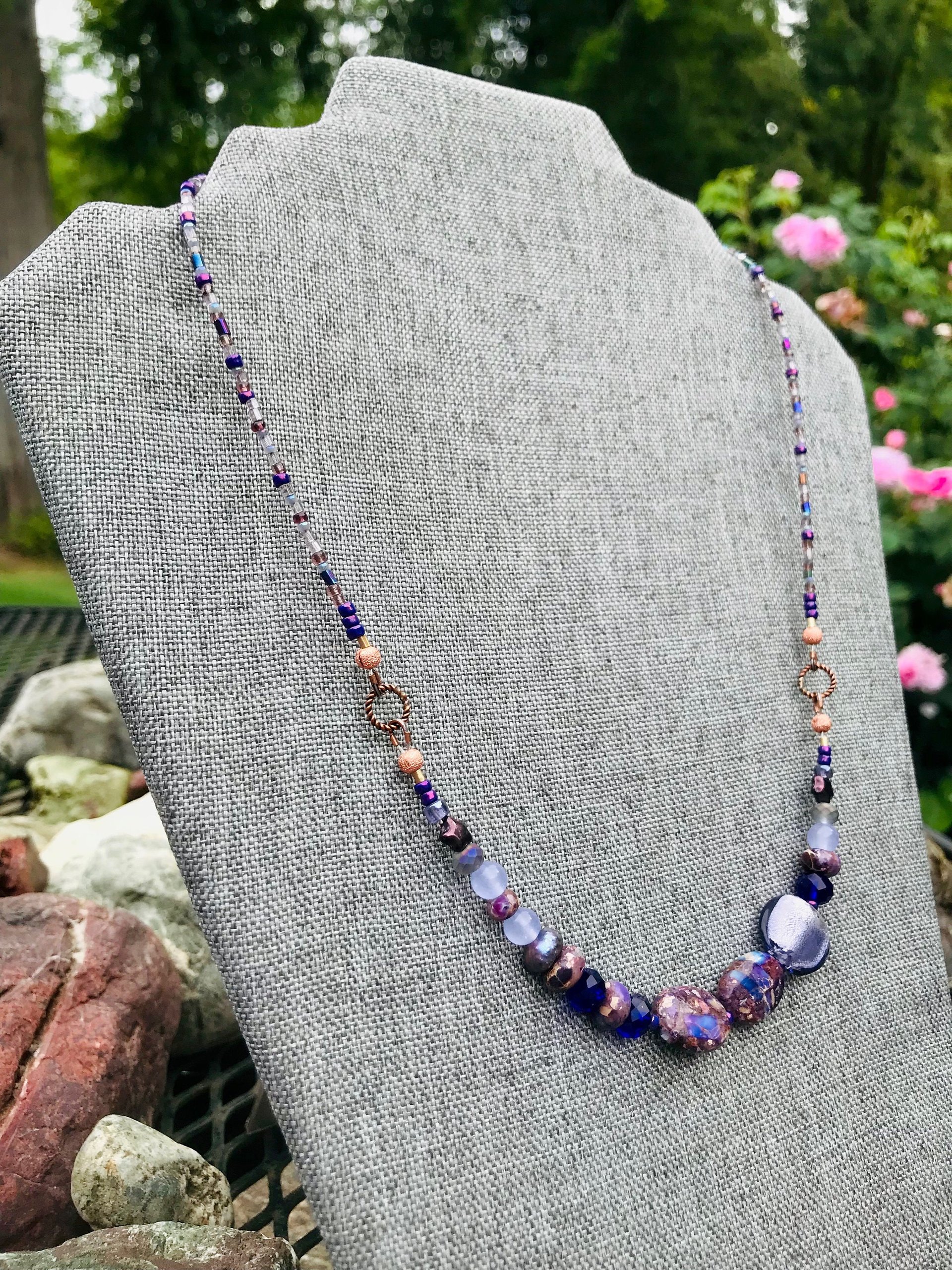 Handcrafted Purple Beaded Necklace of Gorgeous Jasper, Lustrous Blown Glass, Faceted Glass, Gleaming Copper Highlights Unique Jewelry Gift
