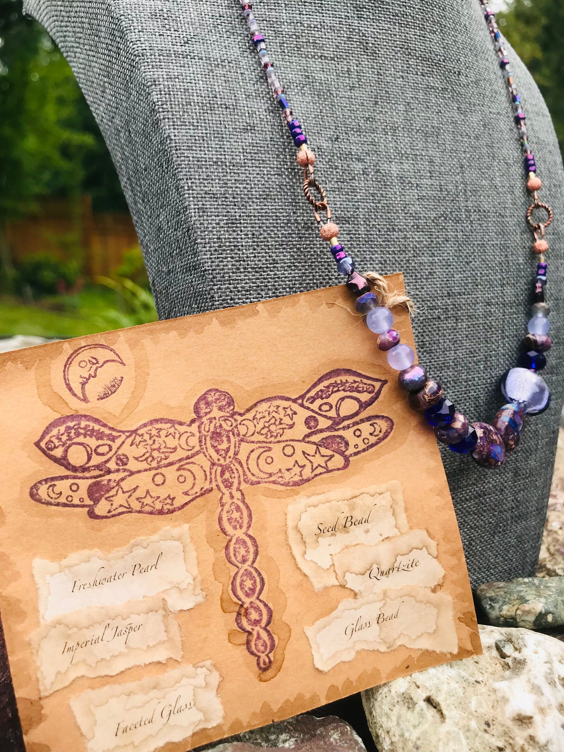 Handcrafted Purple Beaded Necklace of Gorgeous Jasper, Lustrous Blown Glass, Faceted Glass, Gleaming Copper Highlights Unique Jewelry Gift