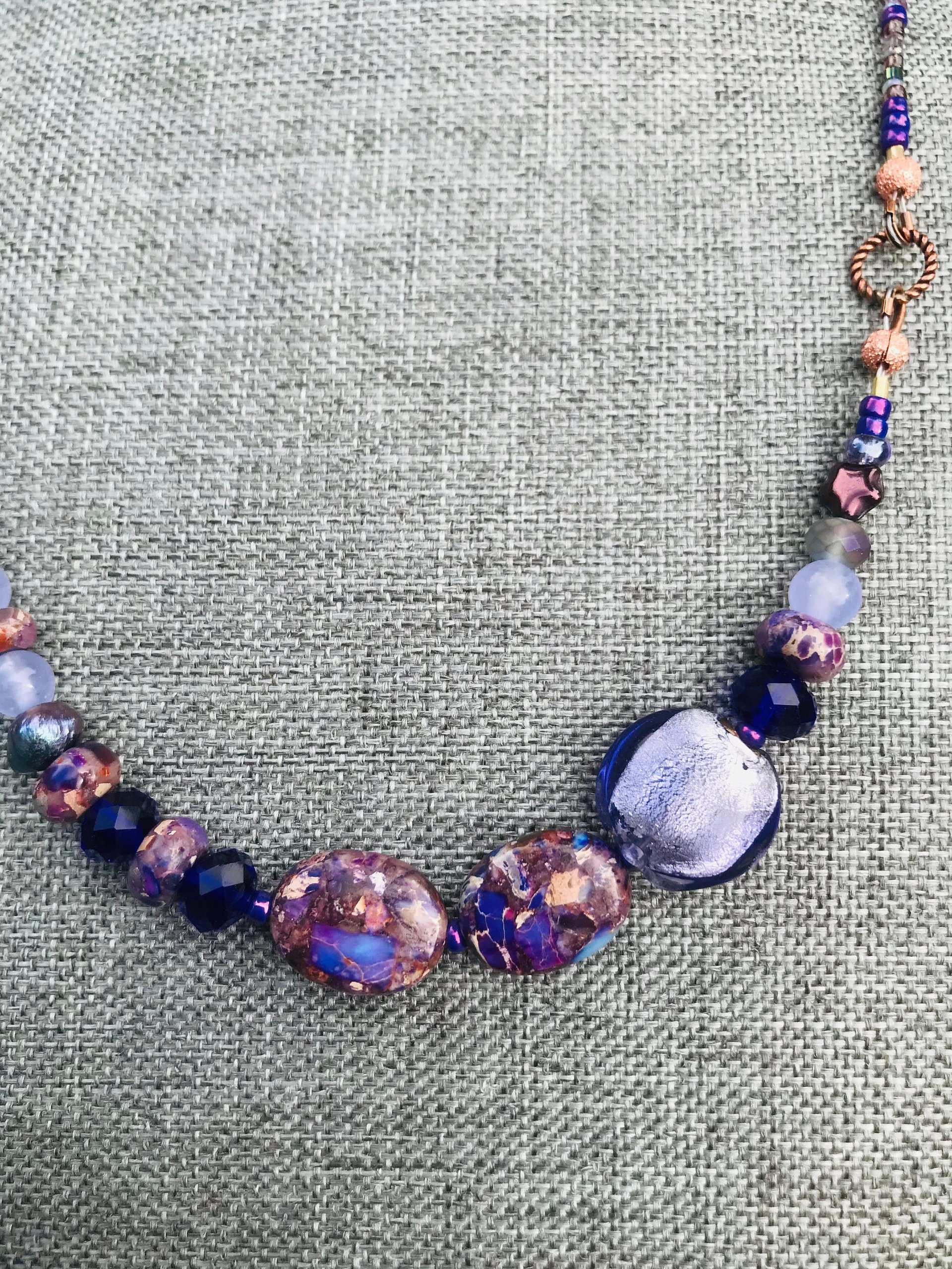 Handcrafted Purple Beaded Necklace of Gorgeous Jasper, Lustrous Blown Glass, Faceted Glass, Gleaming Copper Highlights Unique Jewelry Gift