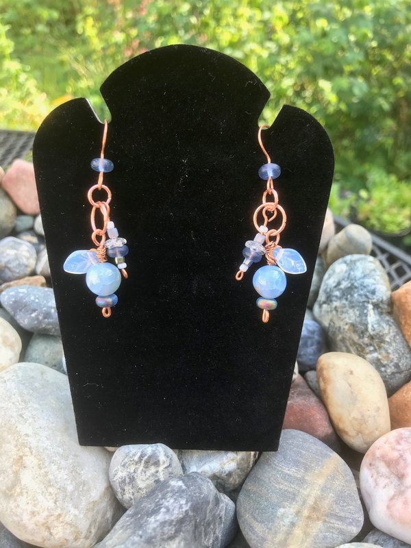 Crackle Fire Agate, Blue Shades, Copper French Hook, Faceted Glass, Pressed Glass Leaf, Beads, Gift, Dangle, Birthday Present, Unique, Fun
