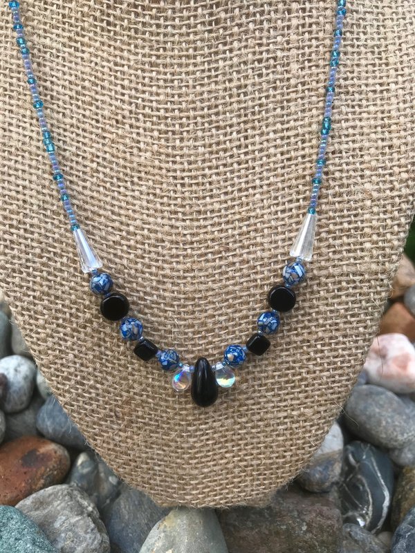 Crystal beads, Shell, Black Teardrop, Glass Teardrop, Black and Blues, Iridescent, Handmade, Gift, Birthday Present, Handcrafted, Necklace