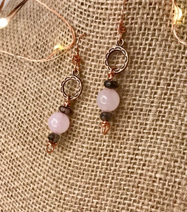 Rose Quartz, Rhodonite, Faceted Glass, Handmade, Copper French Ear Wire, Earrings, Pink, Dangle, Beads, Copper, Smokey Gray,