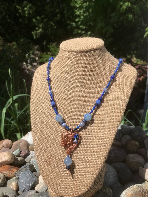 Gorgeous Handmade Deep Blue Lapis, Stone Blue Sodalite and Sky Blue Fire Agate Beaded Necklace with Handcrafted Copper Beaded Heart
