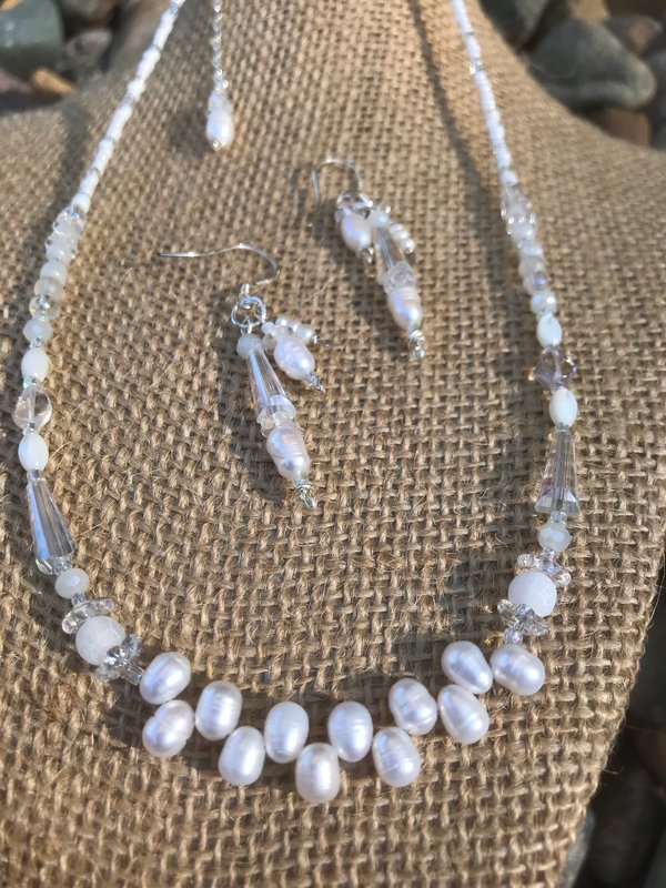 Wedding Necklace and Earring Set with White Freshwater Pearls, Iridescent Crystals, Mother of Pearl, Quartz, Faceted Glass, Beads on Silver