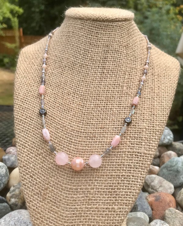 Rose Quartz and Labradorite Highlighted by Pink Opal, Shell, Rhodonite, Glass Flower Beads, Faceted Glass, Seed Beads and Pewter Toggle