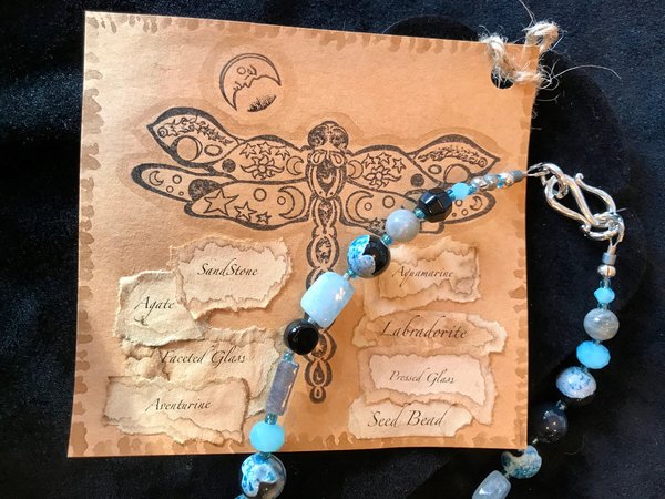 Dark Waters Handcrafted Aquamarine, Labradorite, Dark Shimmering Sandstone, Blue/Black Agate, Aventurine, Faceted Blue Glass and Seed Bead
