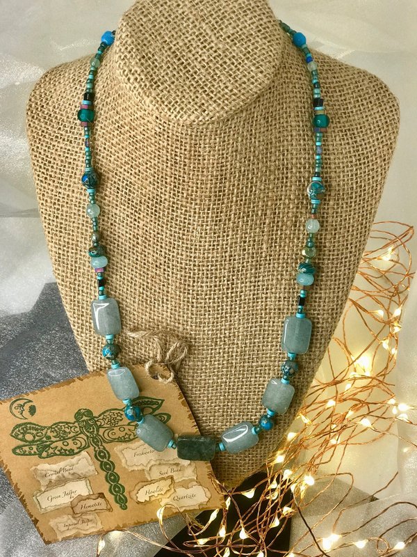 Forest and Sea Handcrafted Imperial and Green Jasper, Quartzite, Hematite, Crystal Beaded 22 Inch Necklace with Copper Toggle