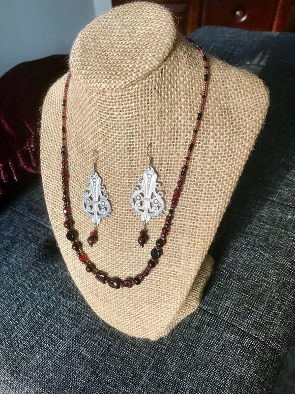 Dark and Alluring Garnet, Hematite, Faceted Glass and Bead Necklace with Pressed Metal Chandelier and Garnet Dangle Earring Set