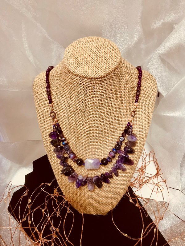 Stunningly Beautiful Purple Amethyst Multi-Strand Beaded Handcrafted Necklace with Imperial Jasper, Freshwater Pearl, Faceted Glass Beads