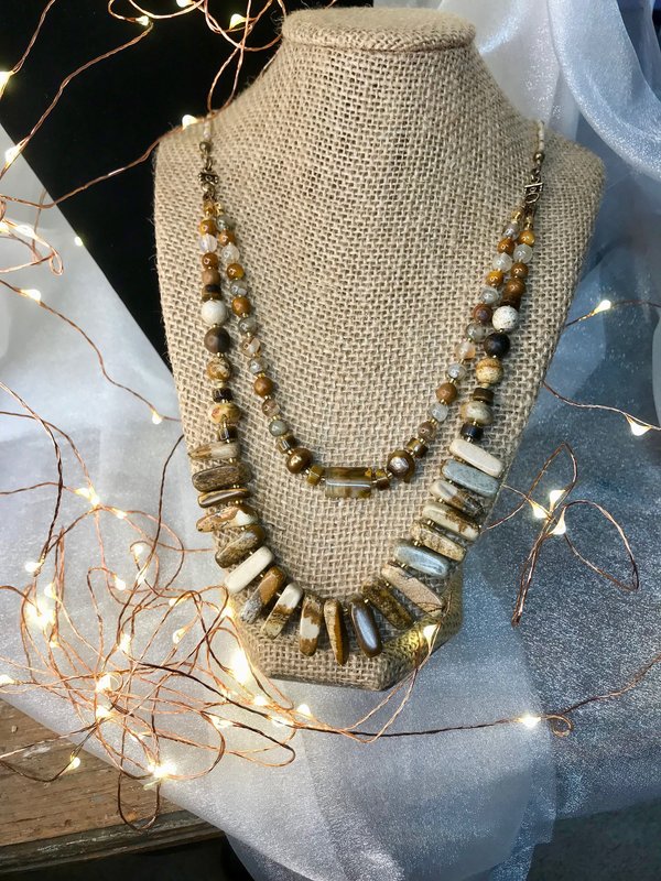 Naturally Beautiful Picture Jasper and Tiger Eye Handcrafted Multi Strand Necklace with Agate, Pearl, Pressed and Vintage Glass Beads.