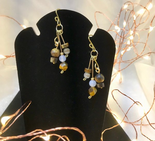 Beautiful Golden Brown Tiger Eye and Brass Handcrafted French Wire Dangle Earrings
