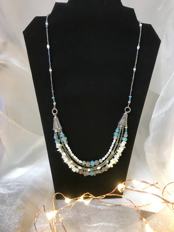 Labradorite and Mother of Pearl Gorgeous Handcrafted Unique Multi Strand Beaded Statement Necklace with Iridescent Seed Beads