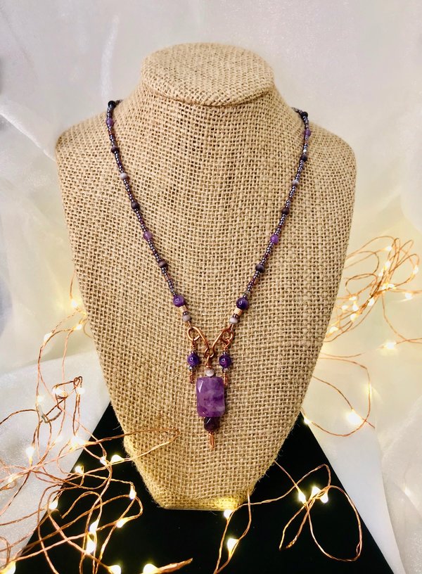 Amethyst and Copper Handcrafted Beaded Triple Dangle Necklace with Gorgeous Purple Cats Eye, Seed Beads and Beautiful Copper Findings