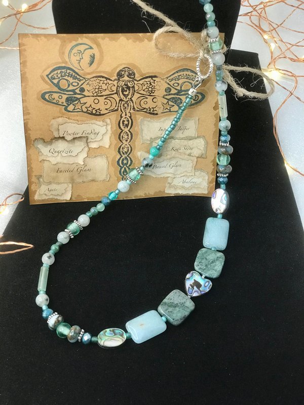 Abalone Heart and Stone Beaded Handcrafted Necklace in Beautiful Green Shades featuring Abalone, Green Jasper, Impression Jasper, Agate
