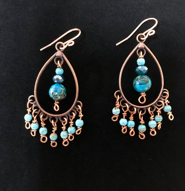Boho Style Drop & Dangle Earrings with Gorgeous Teal and Verdigris Green Jasper and Magnesite Stones accented with Handmade Copper Findings