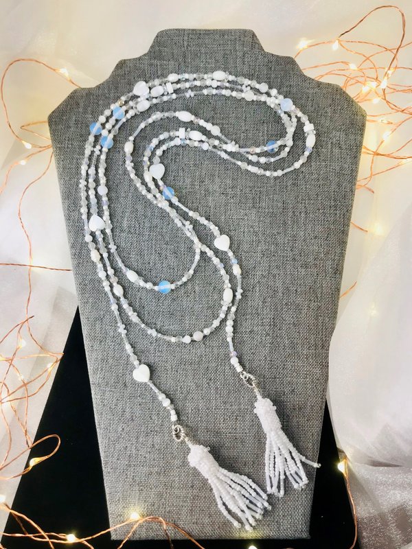 Lovely White and Iridescent Handmade Beaded Lariat Rope Multi-Style Tassel Necklace with Mother of Pearl Heart, Moonstone, Faceted Crystal