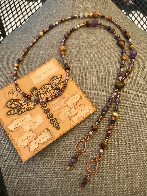 Handmade Lariat Beaded Necklace and Earring Set, Tiger's Eye and Purple Amethyst, Beautiful BoHo Gift of Semi-Precious Stone and Crystal