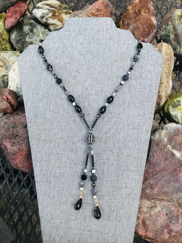 Gunmetal Crystal Hematite Black and Gray Art Deco Elegant Fun Unique Lariat Style Handcrafted Beaded Necklace