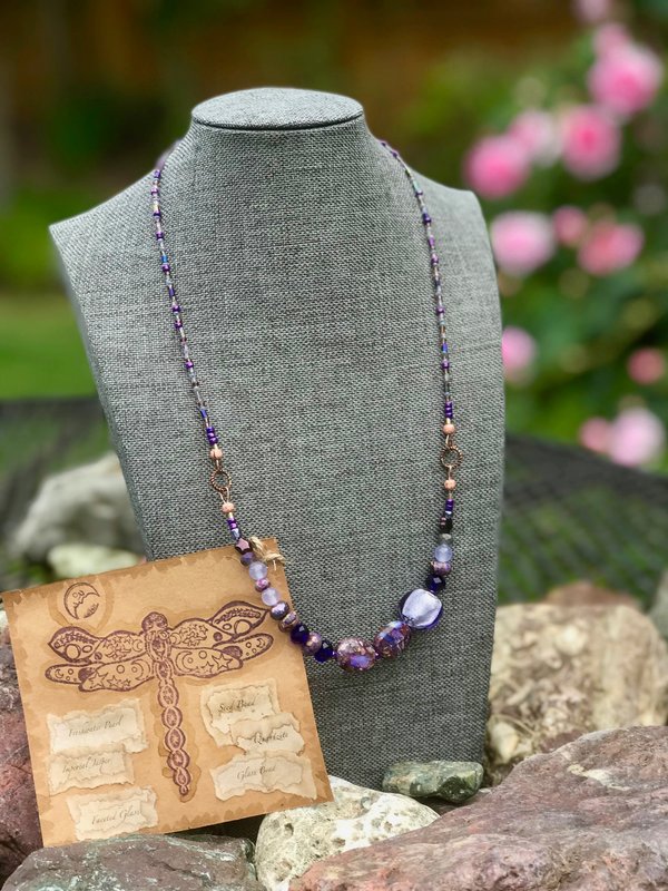Handcrafted Purple Beaded Necklace of Gorgeous Jasper, Lustrous Blown Glass, Faceted Glass, Gleaming Copper Highlights Unique Jewelry Gift